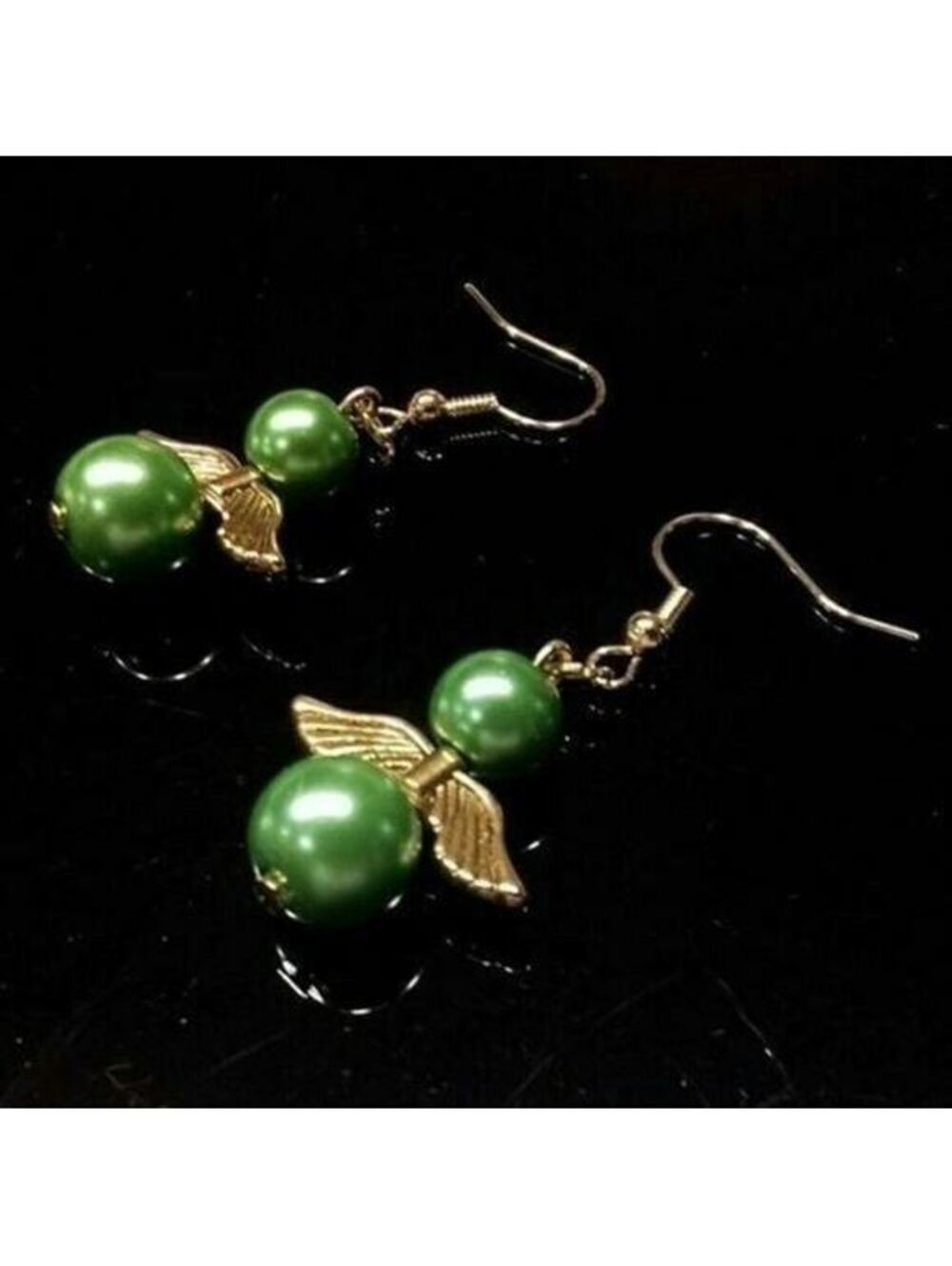 Artisan Green Glass Pearl and Gold Plated Pewter Angel Wings Dangle Earrings